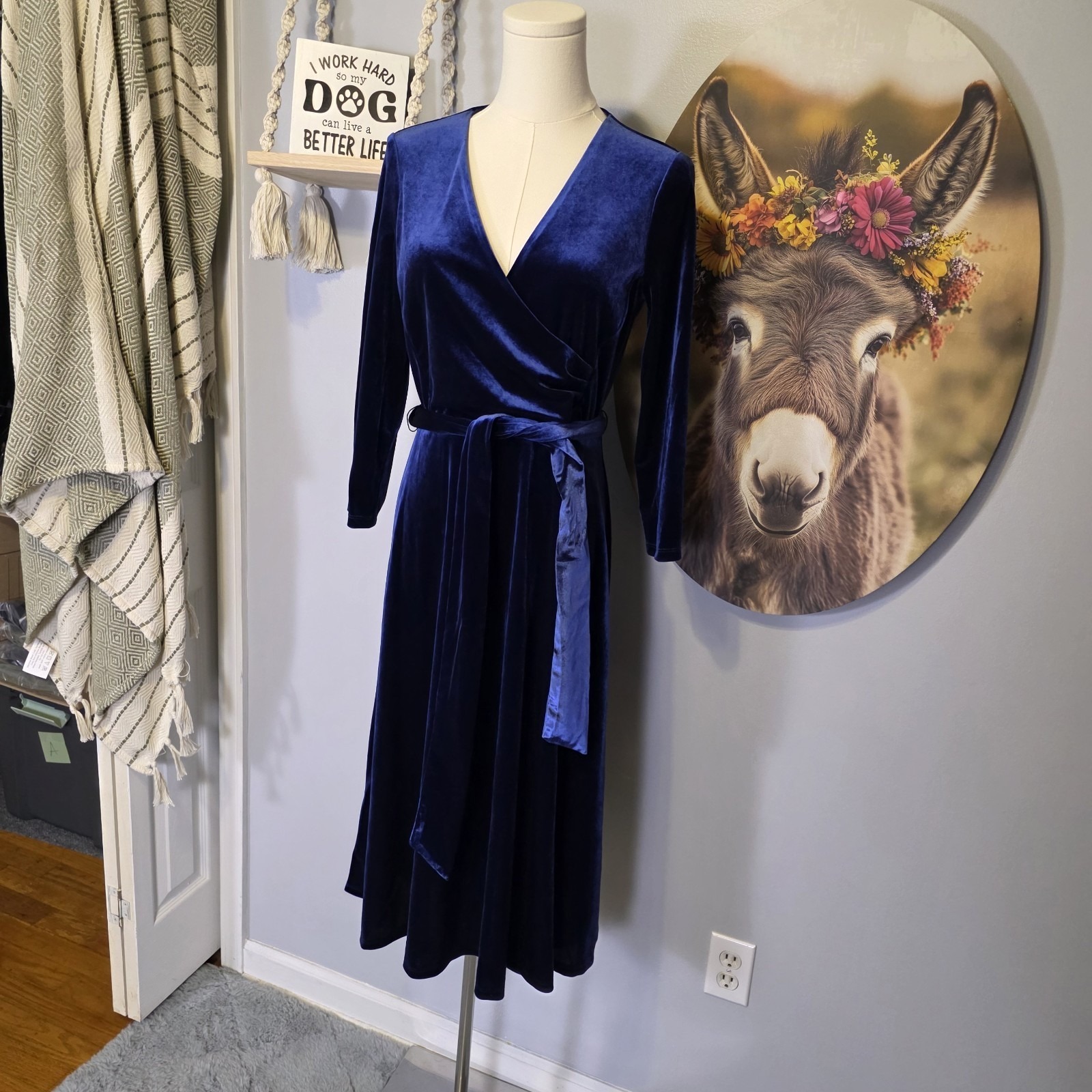 Lauren Ralph Lauren Surplice Belted Velvet Dress Size 4 Blue Stretch